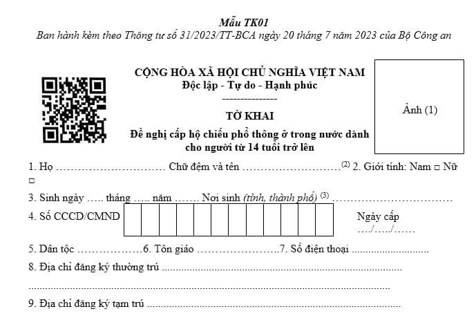 Mẫu tờ khai điện tử cấp hộ chiếu TK01 có mã code